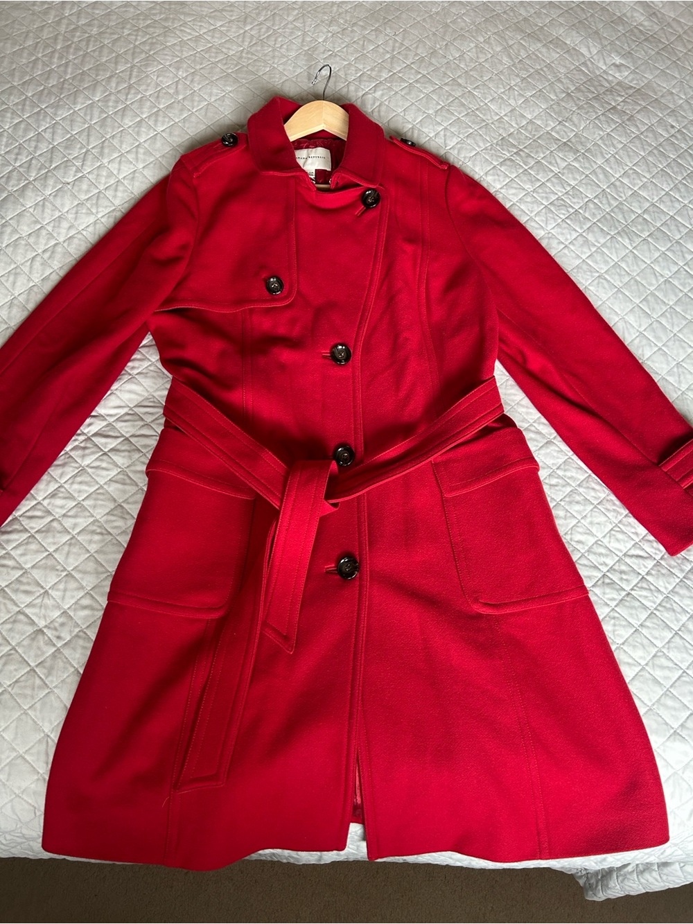 Womens Banana Republic Red Belted Wool-Blend Trench Coat